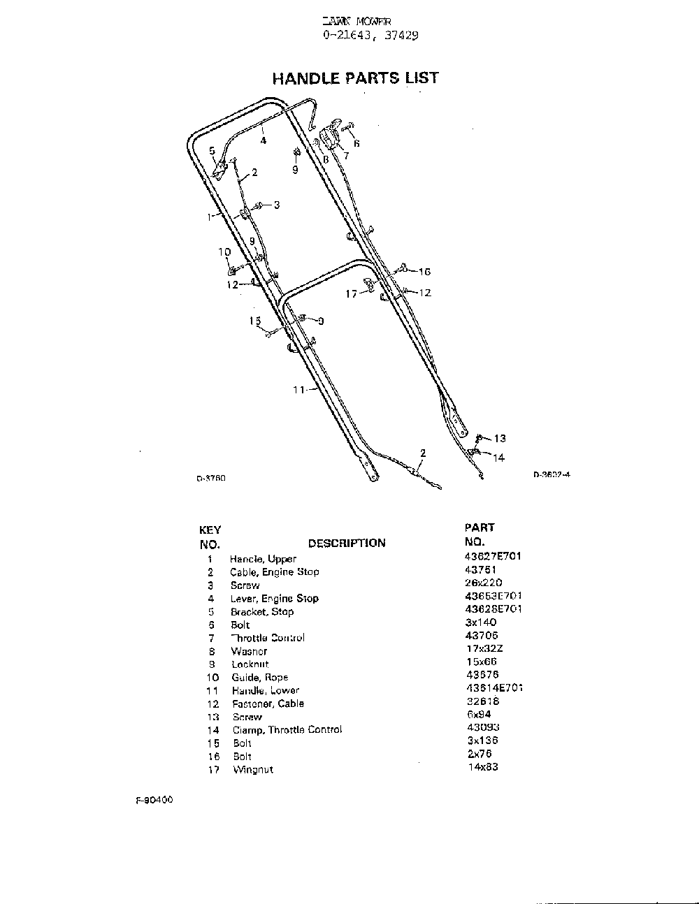 Handle Diagram and Parts List for 0-21643  Murray Lawn Mower