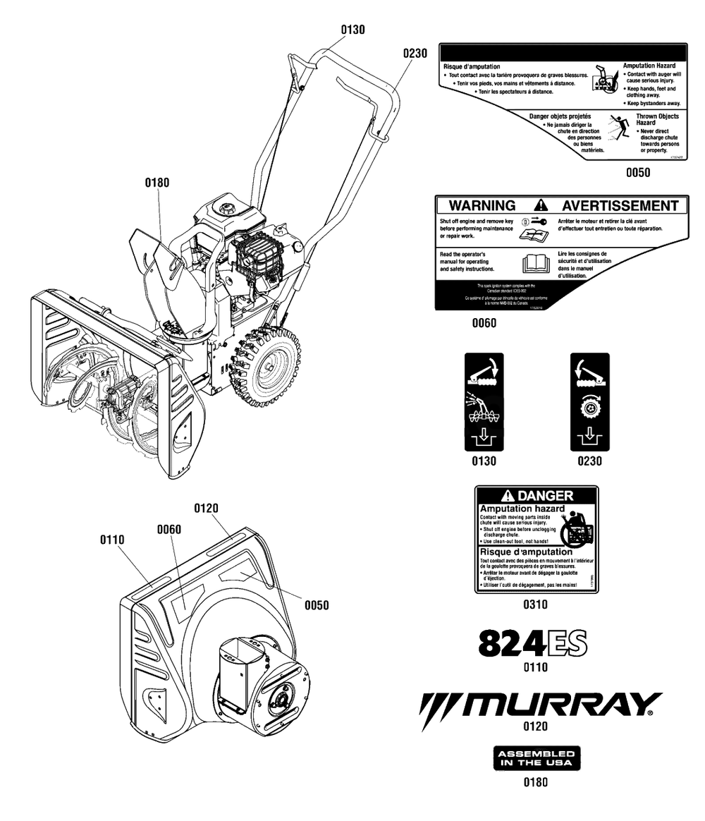 Decals Group Diagram and Parts List for 824ES (1696267-00)(2012) Murray Snow Blower