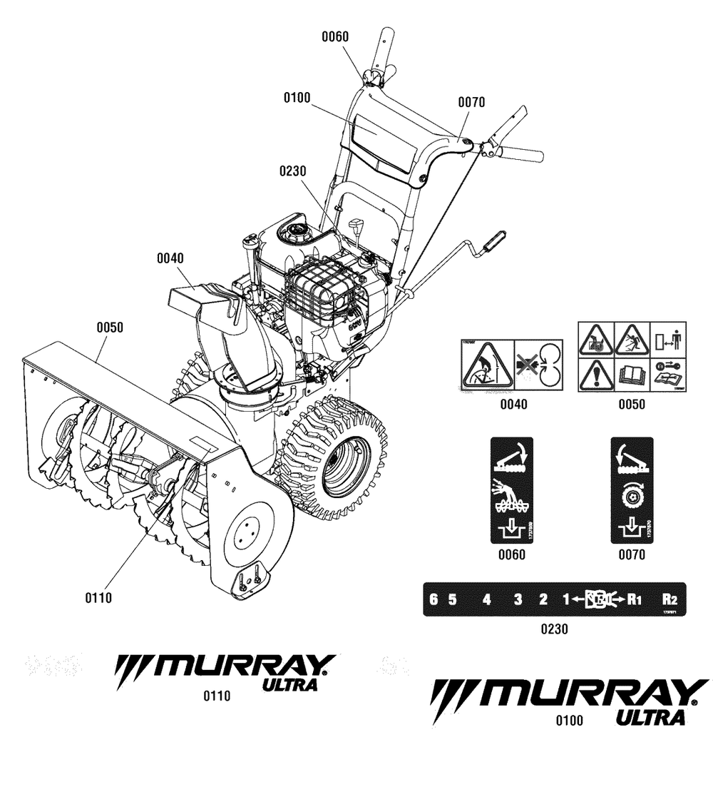 Decals Group Diagram and Parts List for MH61900 (1696060)(2011) Murray Snow Blower