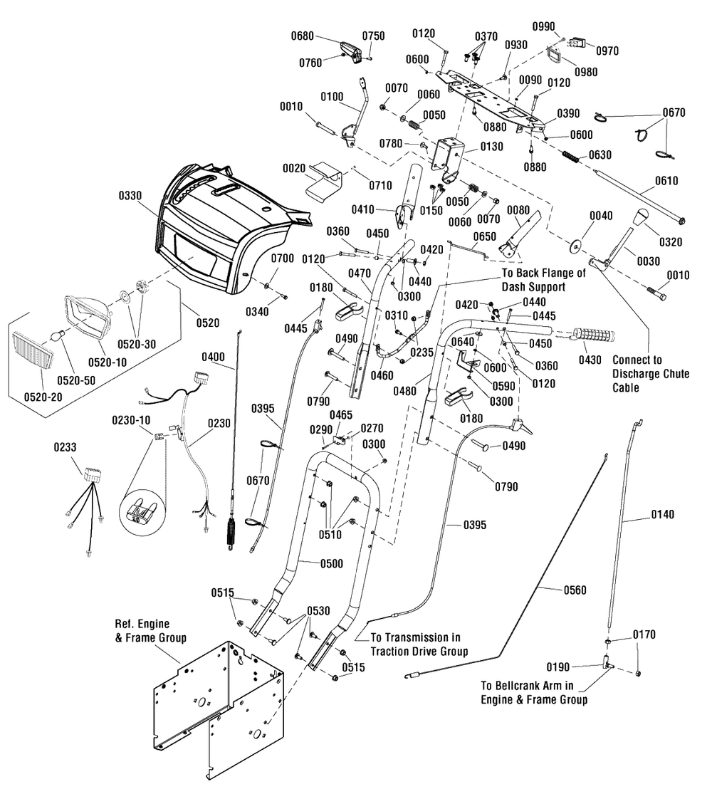 Handles And Controls Group Diagram and Parts List for 16533ES (1696031)(2011) Murray Snow Blower