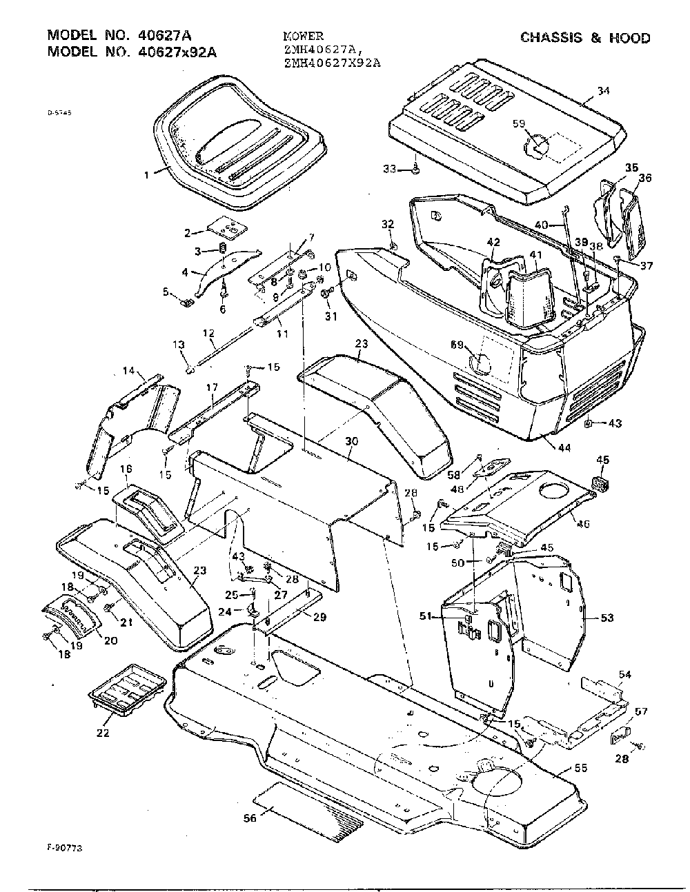 Chassis and hood Diagram and Parts List for 40627A  Murray Lawn Mower