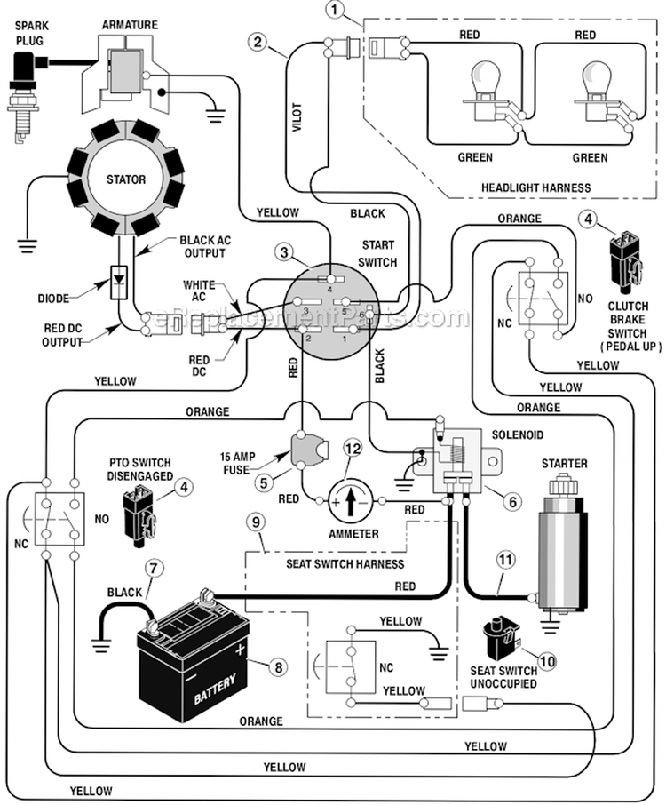 Electrical System Diagram and Parts List for 42571X8D  Murray Lawn Tractor