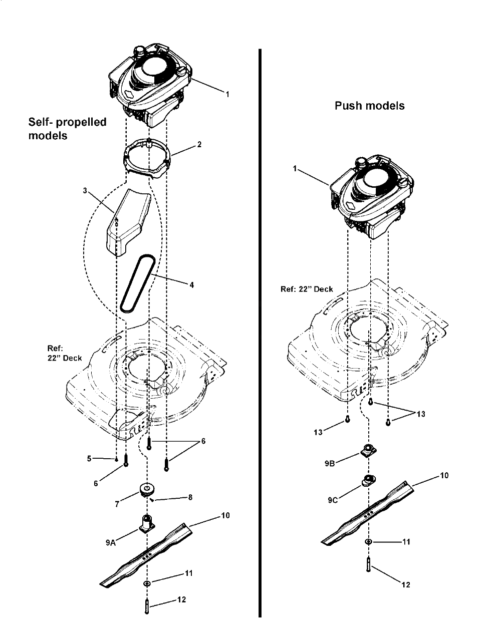 Engine, Blade And Front Cover Diagram and Parts List for MP2265 (7800455)(2010) Murray Lawn Mower