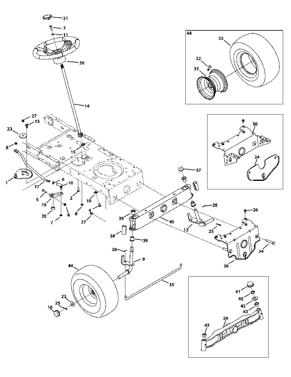 Front End Steering Diagram and Parts List for 13AM77LS058 2012 Murray Lawn Tractor