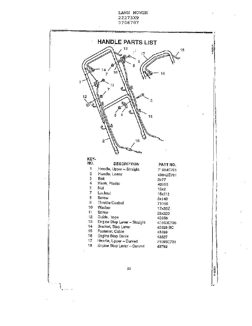 Handle Diagram and Parts List for 22273X9  Murray Lawn Mower