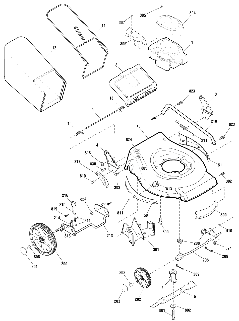 Deck And Engine Group Diagram and Parts List for MXH650 (881031)(2010) Murray Lawn Mower