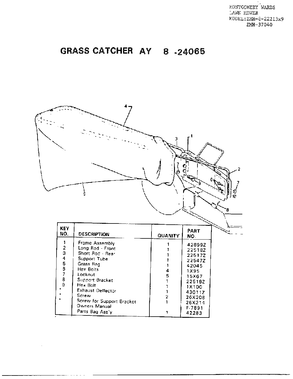 Grass catcher Diagram and Parts List for 8-22213X9  Murray Lawn Mower