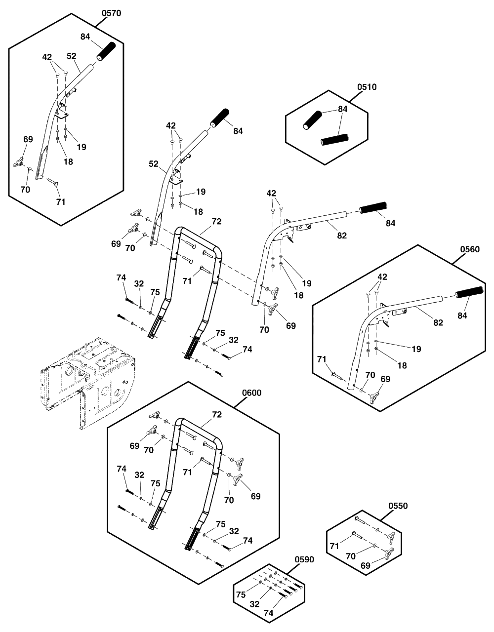 Handles Group Diagram and Parts List for S1024ES 1696937-02 Murray Snow Blower