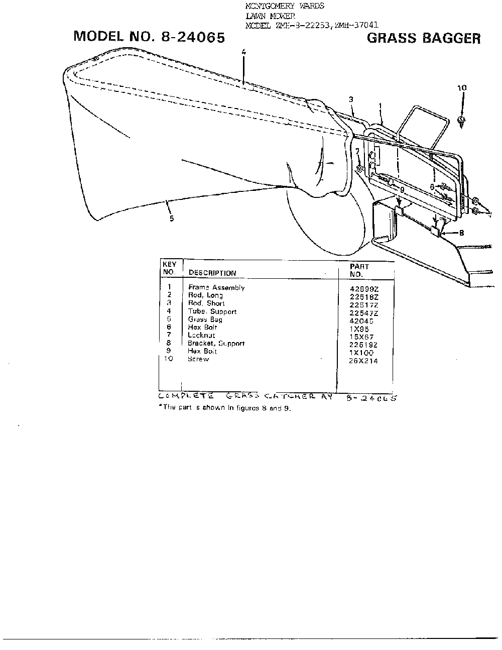 Grass bagger Diagram and Parts List for 8-22253  Murray Lawn Mower