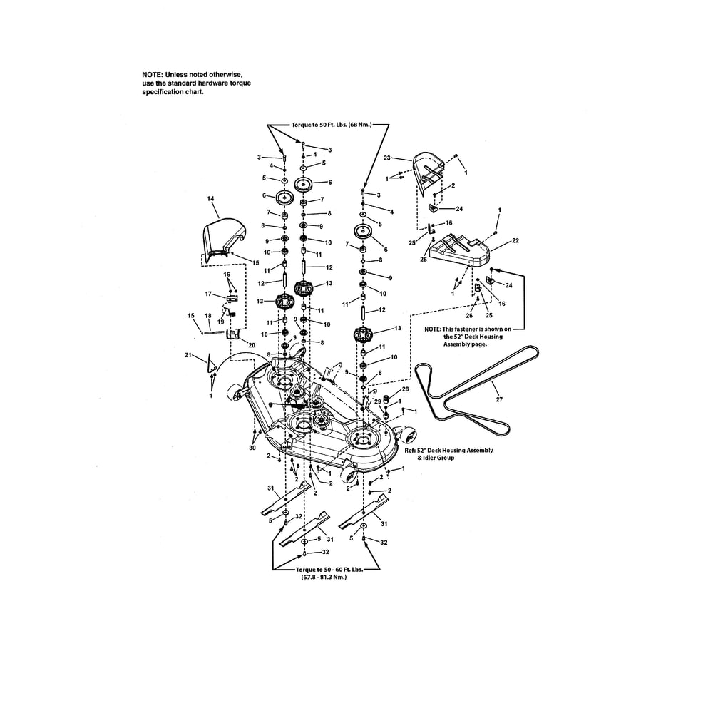 52-Inch Deck - Spindle Diagram and Parts List for RZT26520 2691079 Murray Ride-On Cars