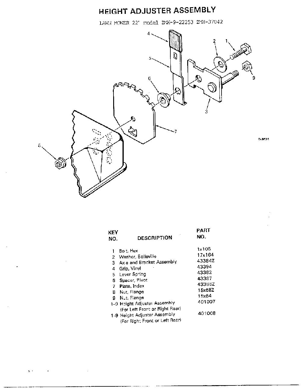 Height adjuster assembly Diagram and Parts List for 9-22253  Murray Lawn Mower