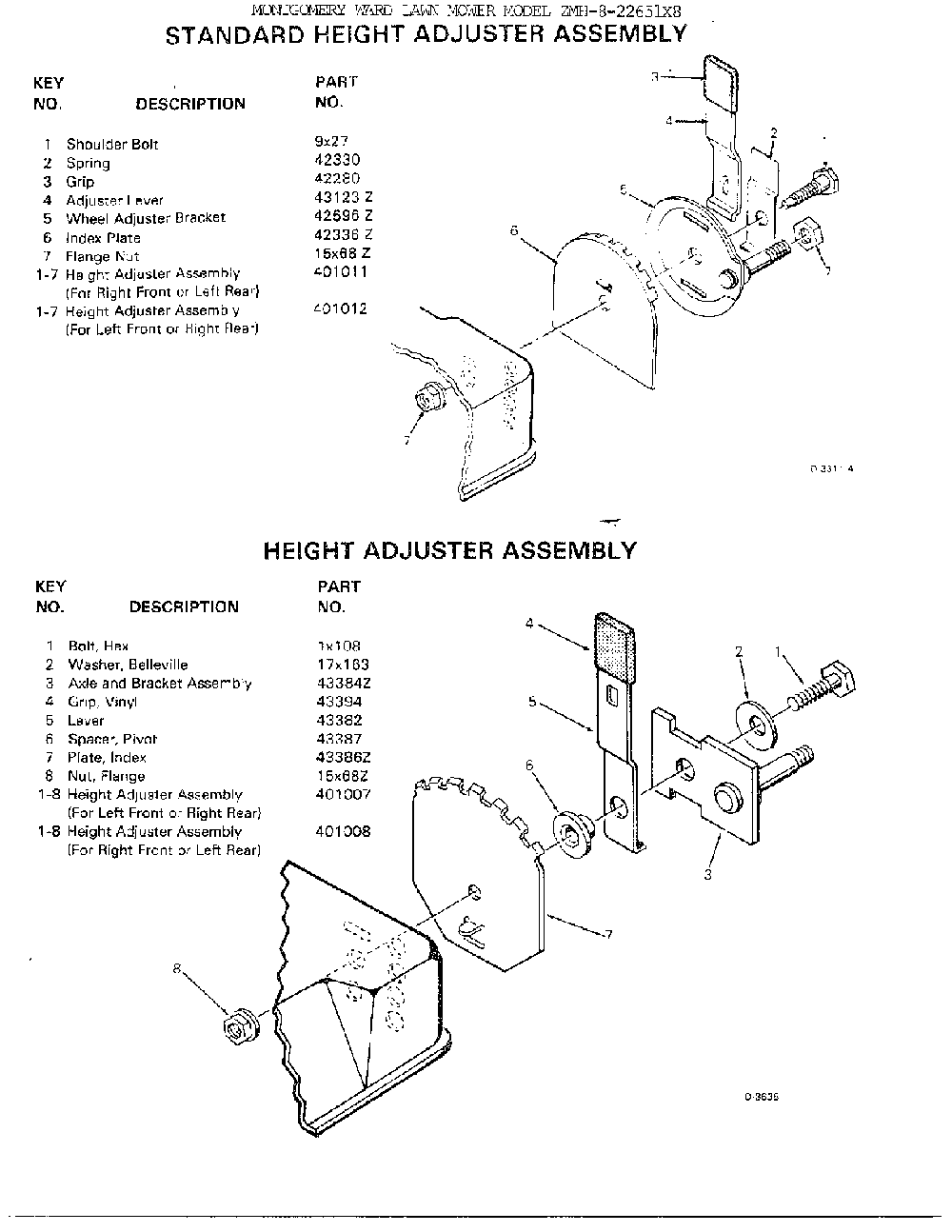 Regular/standard height adjusters Diagram and Parts List for 8-22651X8  Murray Lawn Mower