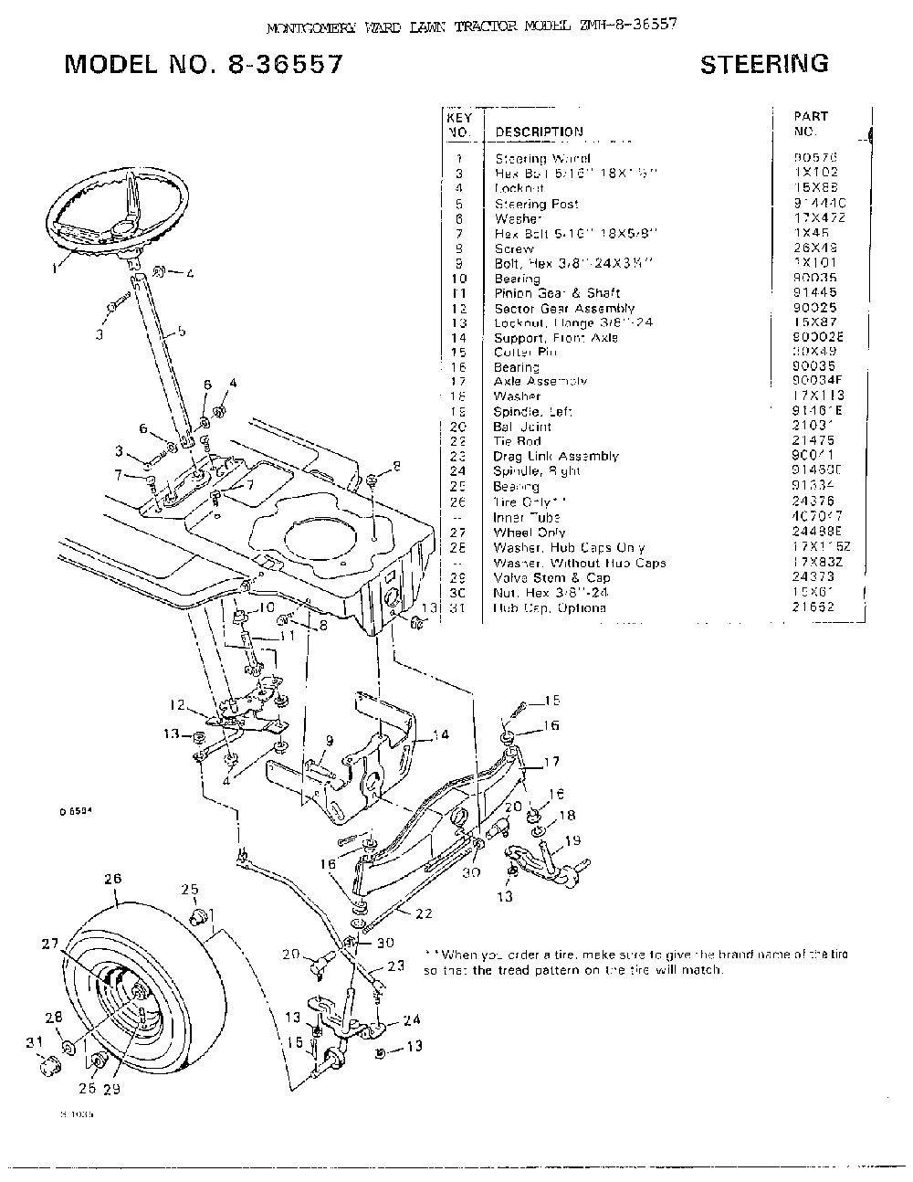 Steering Diagram and Parts List for 8-36557  Murray Lawn Tractor