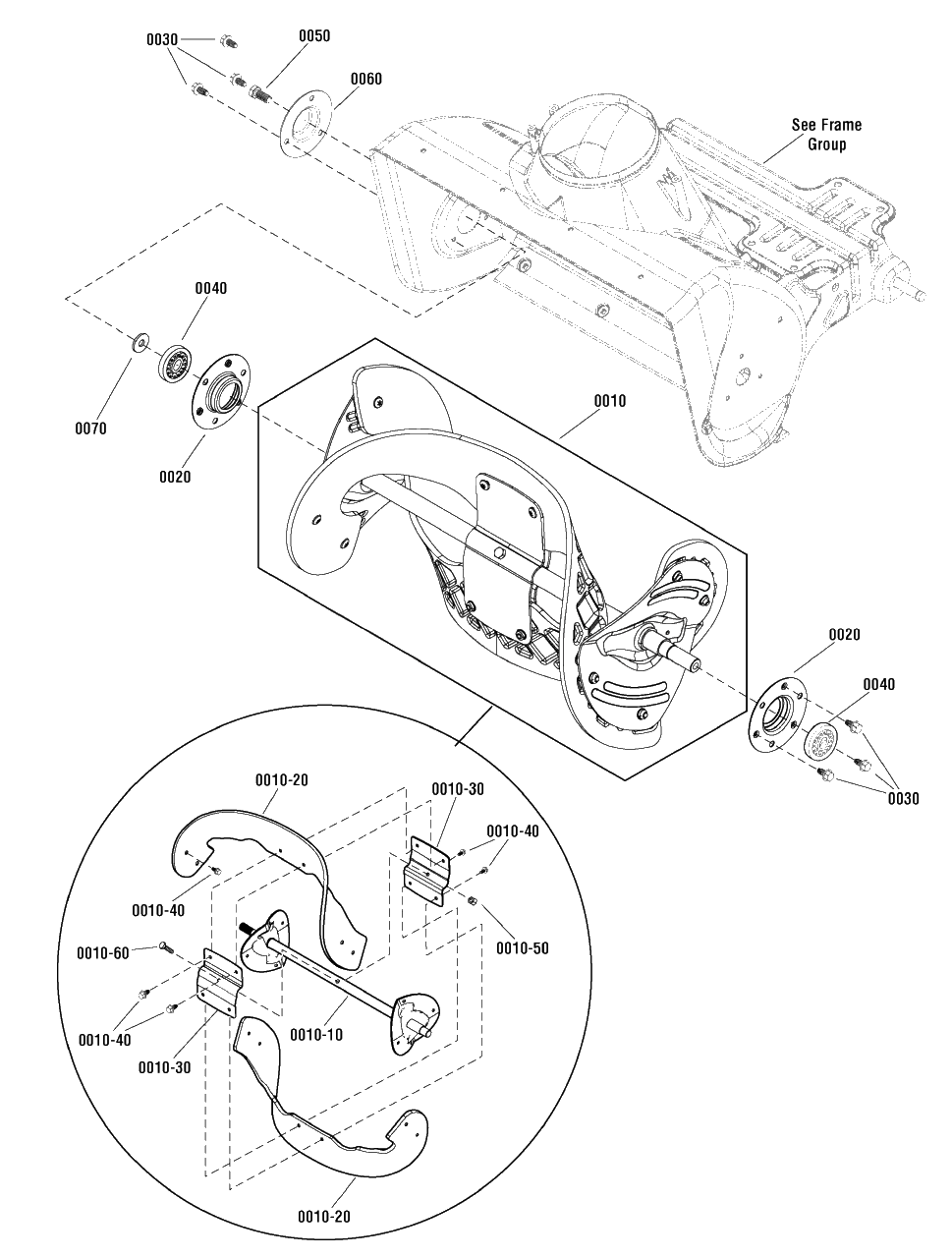 Auger Group Diagram and Parts List for MS55800 1695886 Murray Snow Blower