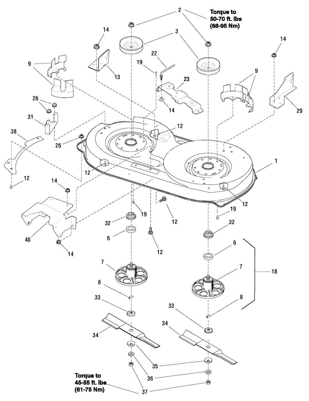 38-Inch Mower Deck - Housing, Arbors And Blades (7501127 7501334) Diagram and Parts List for MT155380 (7800561)(2009) Murray Lawn Tractor