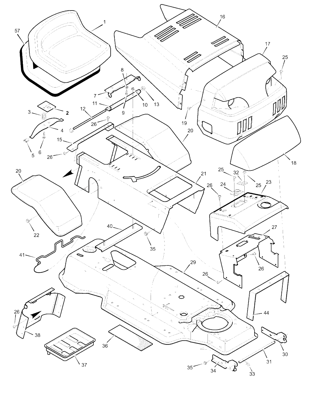 Chassis And Hood Diagram and Parts List for MT432T (38717x53A)(1999) Murray Lawn Tractor