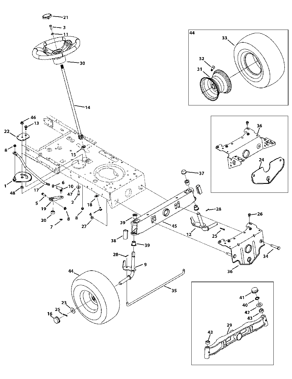 Front End Steering Diagram and Parts List for 13BM772S058 2014 Murray Lawn Tractor