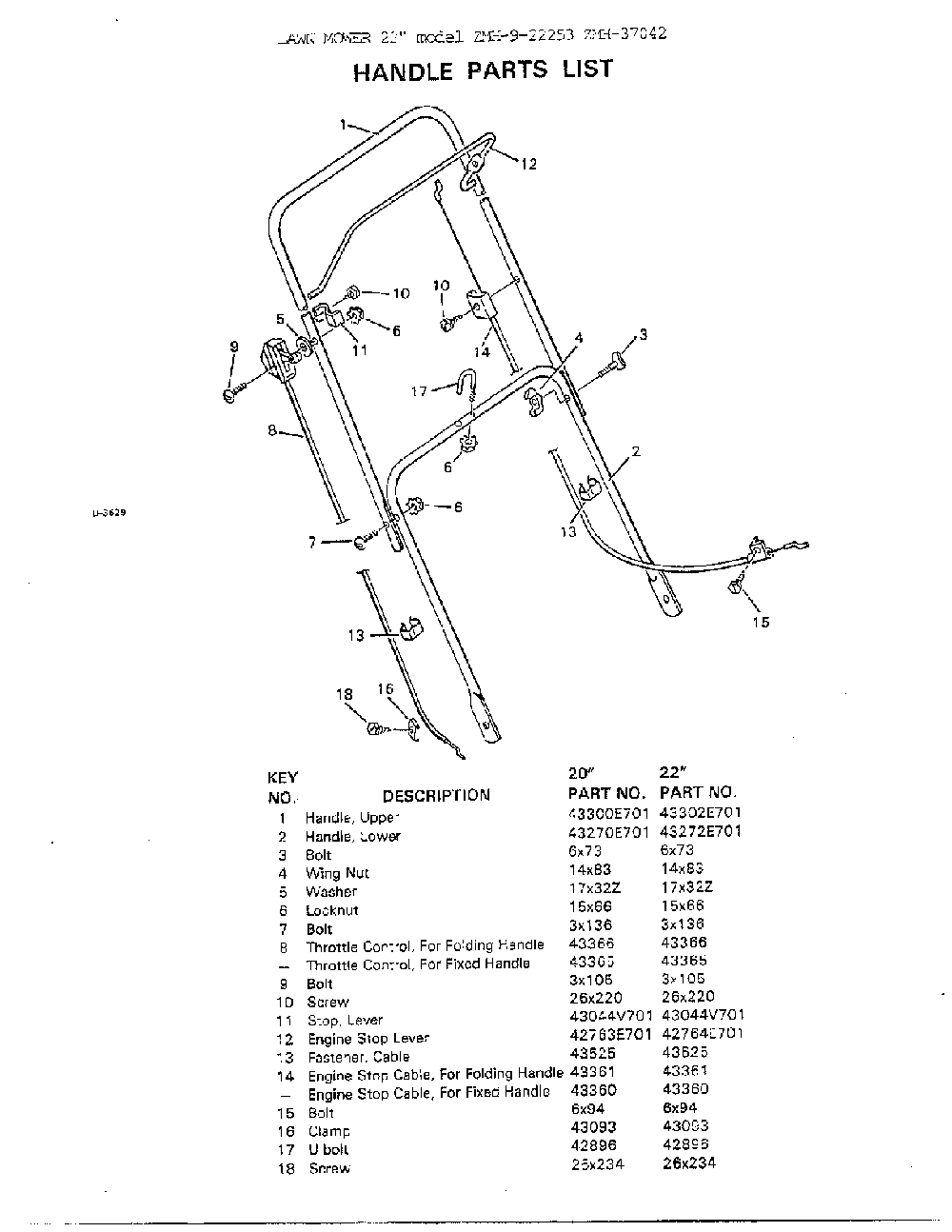 Handle/20", 22" Diagram and Parts List for 9-22253  Murray Lawn Mower