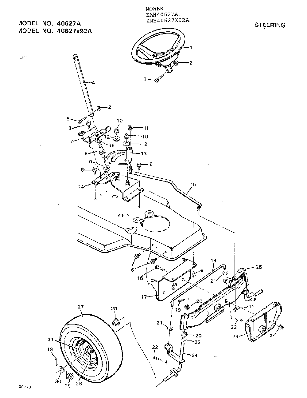 Steering Diagram and Parts List for 40627A  Murray Lawn Mower