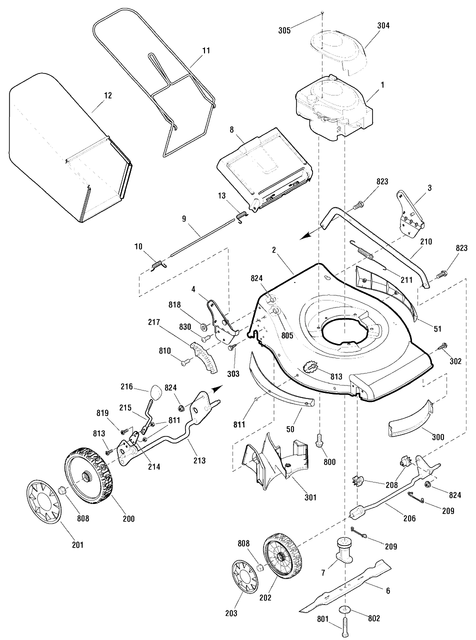 Deck And Engine Group Diagram and Parts List for MX550 (881023)(2010) Murray Lawn Mower