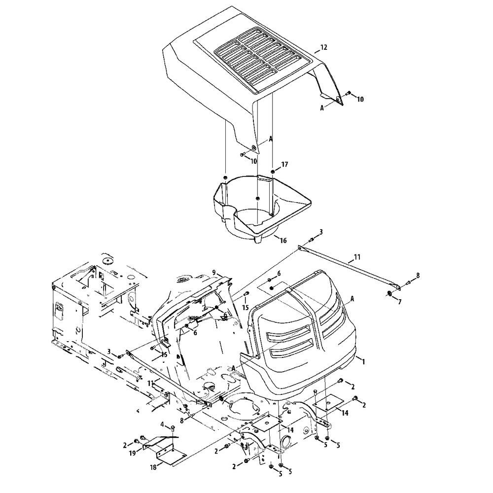 Hood And Grille Diagram and Parts List for M1338 (13AC76LF058)(2013) Murray Lawn Tractor