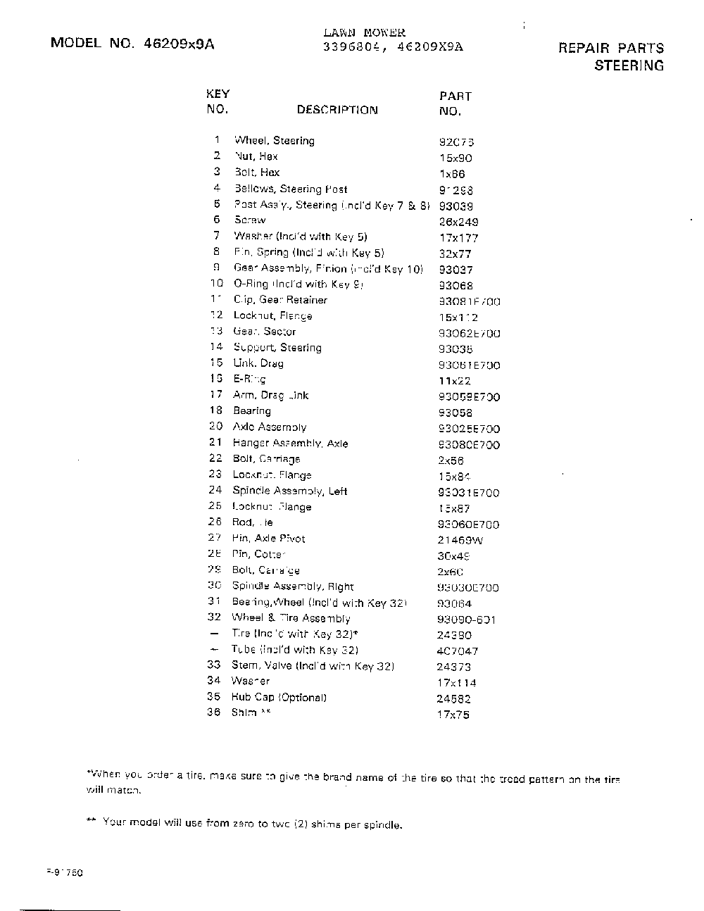 Steering page 2 Diagram and Parts List for 3396804  Murray Lawn Mower