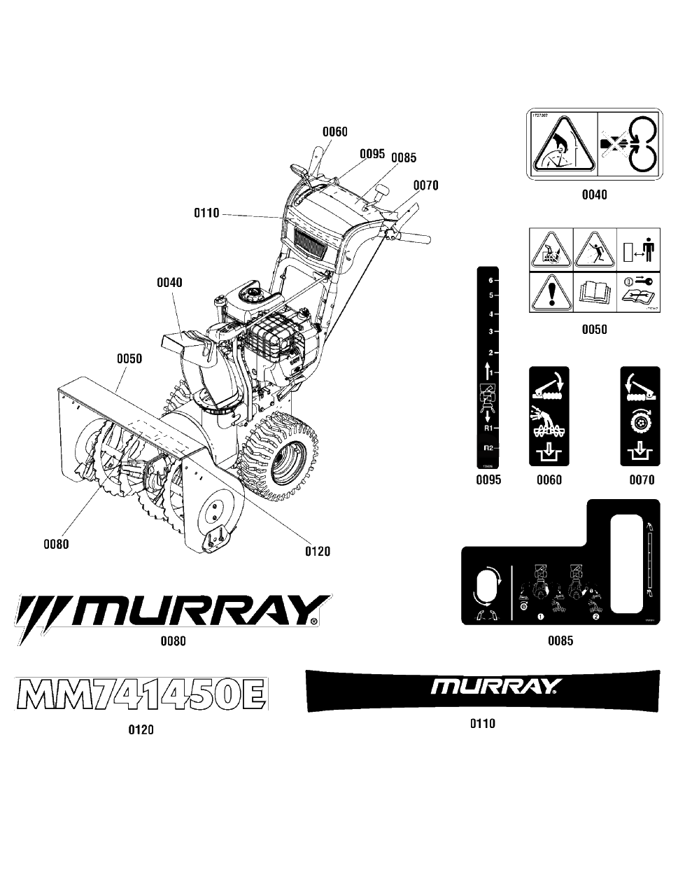 Decals Group Diagram and Parts List for MM691150E (1696200-00)(2012) Murray Snow Blower