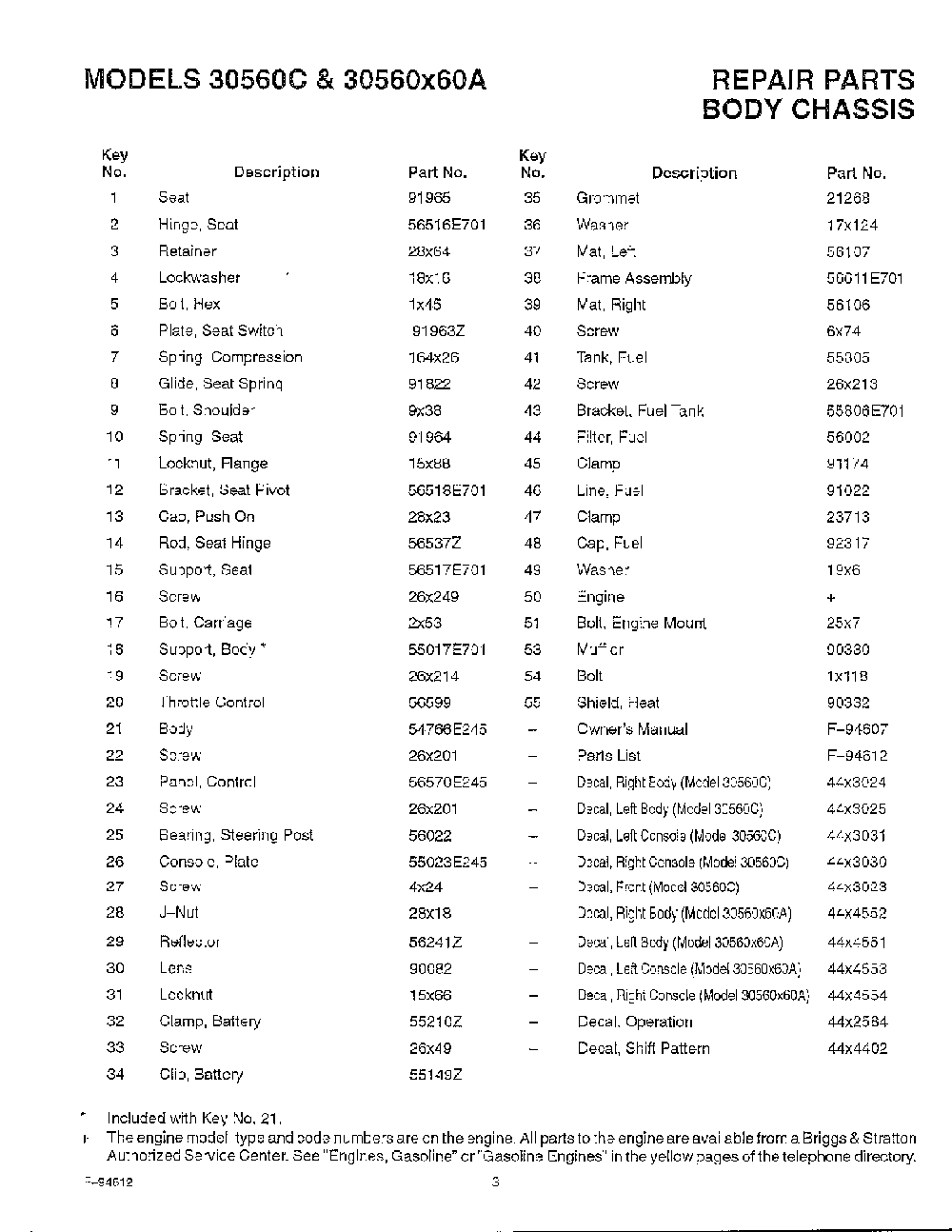 Body chassis page 2 Diagram and Parts List for 30560X60A  Murray Lawn Mower