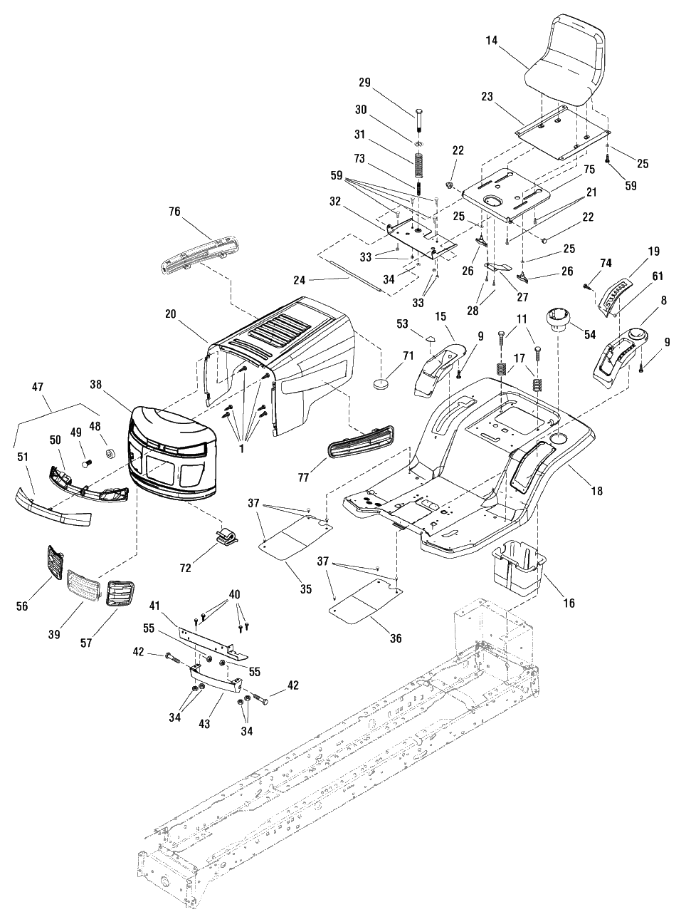 Hood And Seat Group Diagram and Parts List for ELT125380 (7800409)(2009) Murray Lawn Tractor Accessories