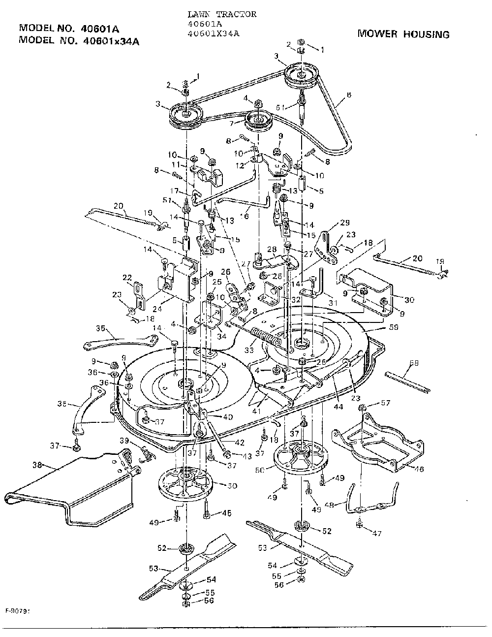 Mower housing Diagram and Parts List for 40601X34A  Murray Lawn Tractor