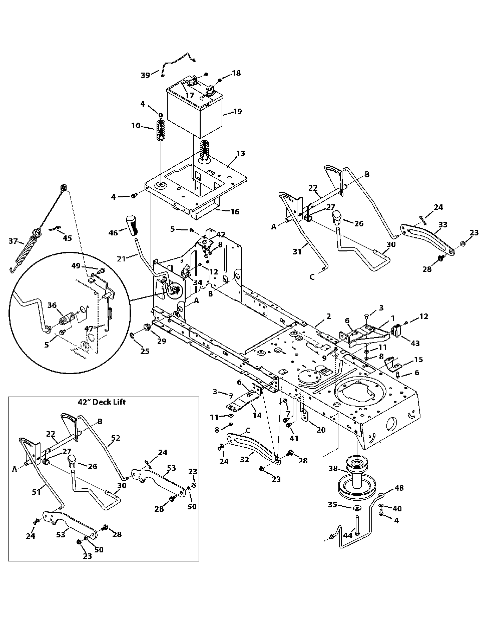 Frame, Pto And Lift Diagram and Parts List for 13BM772S058 2014 Murray Lawn Tractor