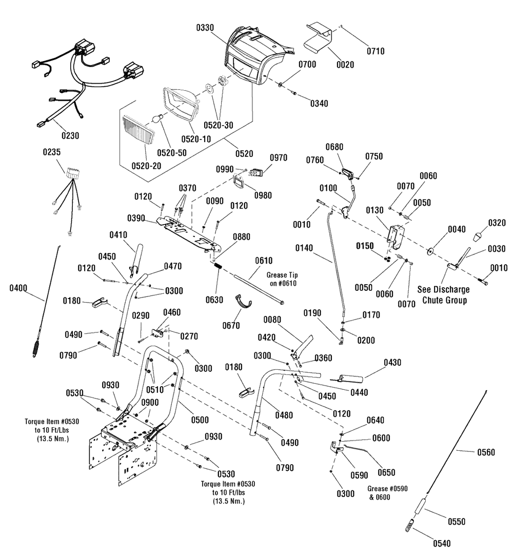 Handles And Controls Group Diagram and Parts List for 14529ES (1696030)(2011) Murray Snow Blower