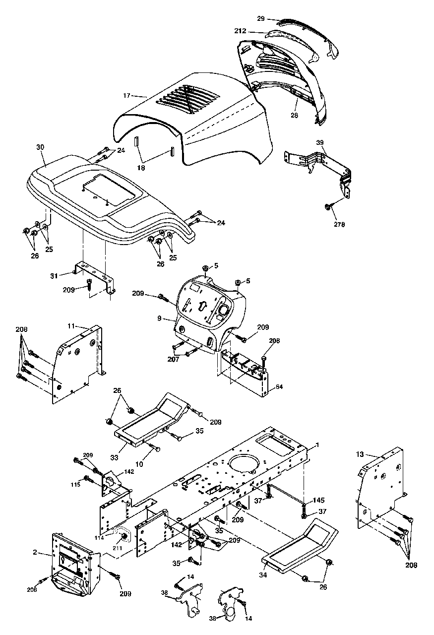 Chassis And Enclosures Diagram and Parts List for 425014X92E (960140001-00)(2005) Murray Lawn Tractor