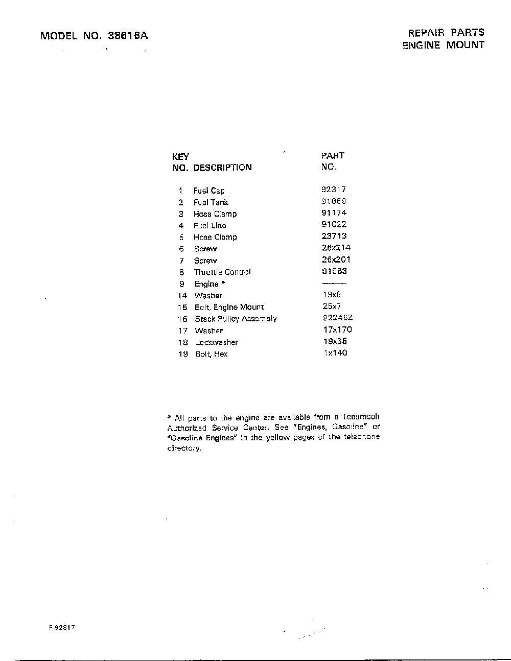 Engine mount page 2 Diagram and Parts List for 38616A  Murray Lawn Tractor