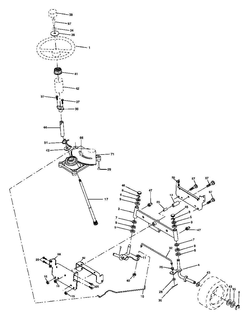 Steering Assembly Diagram and Parts List for 425014X92E (960140001-00)(2005) Murray Lawn Tractor
