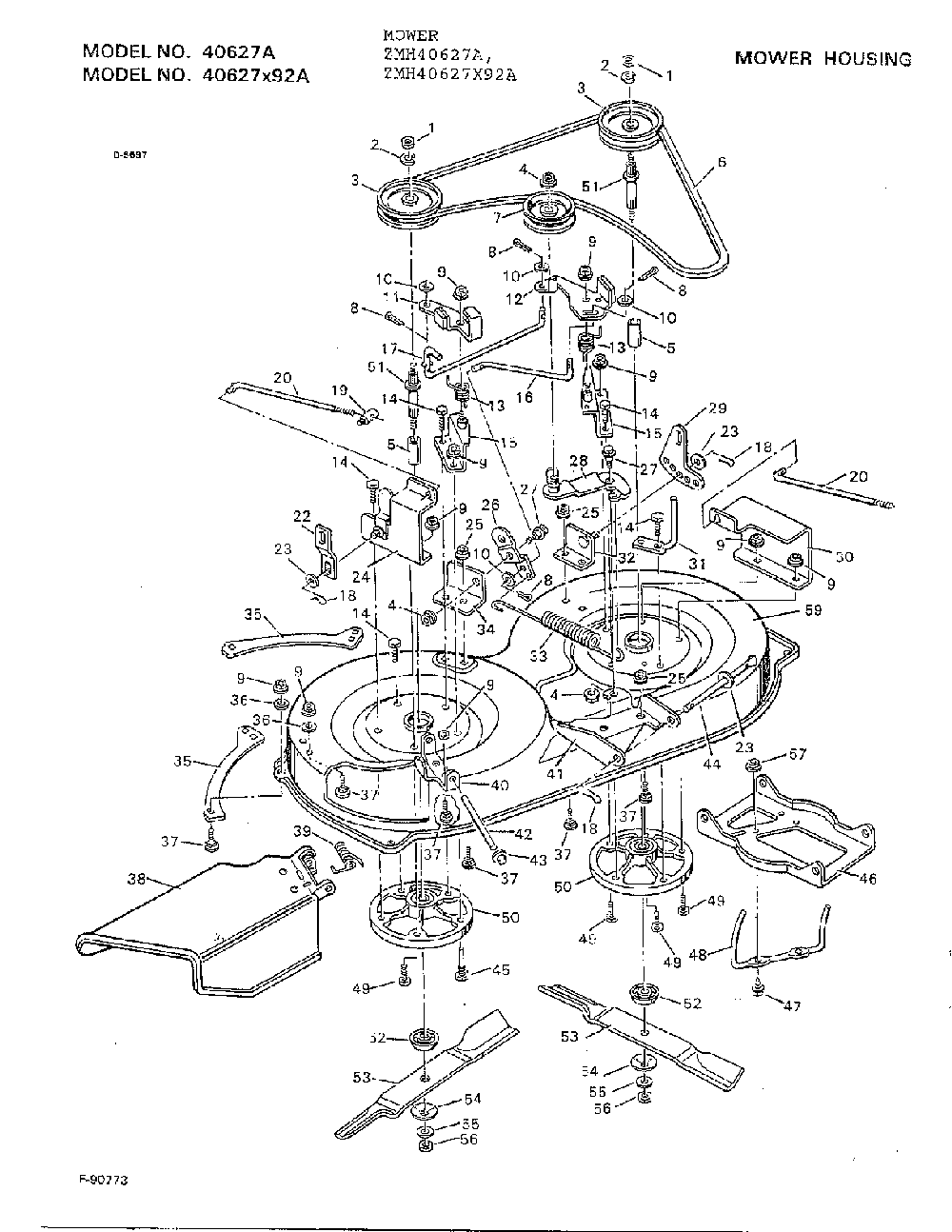 Mower housing Diagram and Parts List for 40627A  Murray Lawn Mower