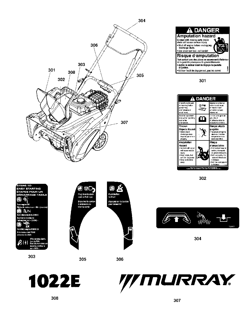 Decals Group Diagram and Parts List for 1022E (1696856-02)(2018) Murray Snow Blower