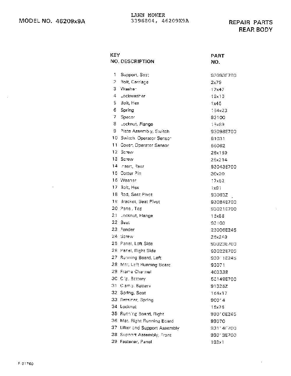 Rear body page 2 Diagram and Parts List for 3396804  Murray Lawn Mower