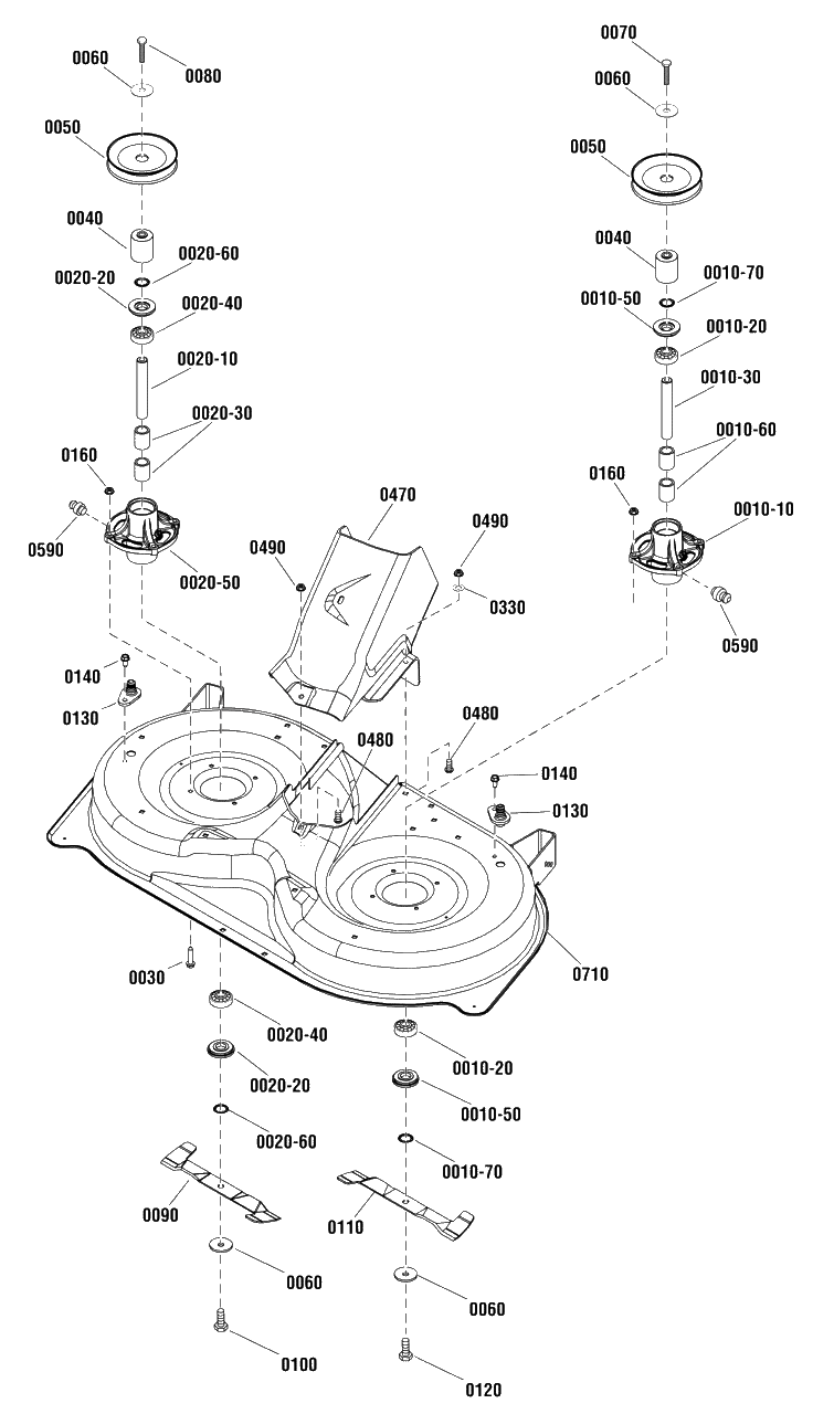 96cm Mower Deck - Housing, Arbors And Blade Group (885709a) Diagram and Parts List for EMT17538RDF (1696109-00)(2012) Murray Lawn Tractor