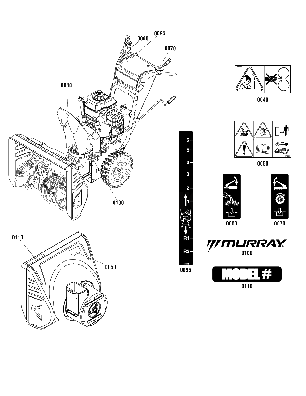 Decals Group Diagram and Parts List for ML61750R (1696212-00)(2012) Murray Snow Blower