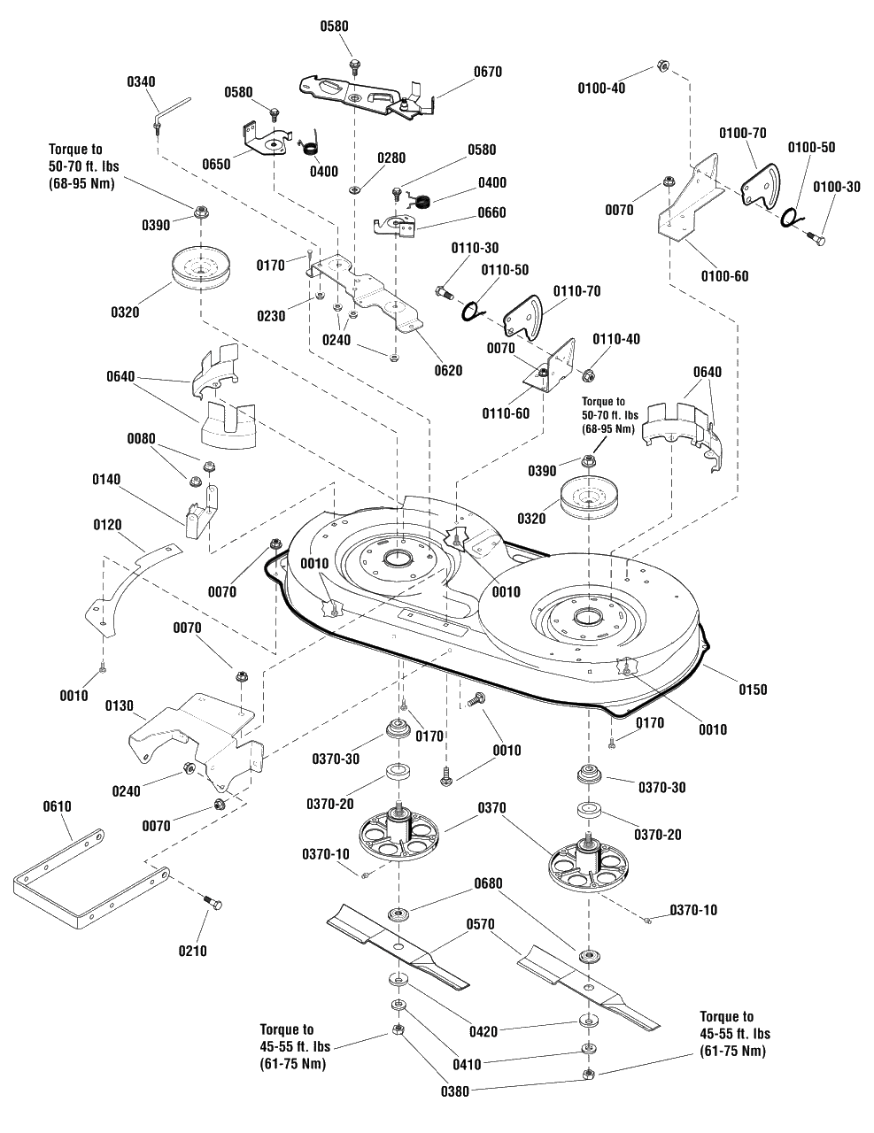 42-Inch Mower Deck - Housing, Arbors And Blades Group Diagram and Parts List for MT155420H (2691227)(2014) Murray Lawn Tractor