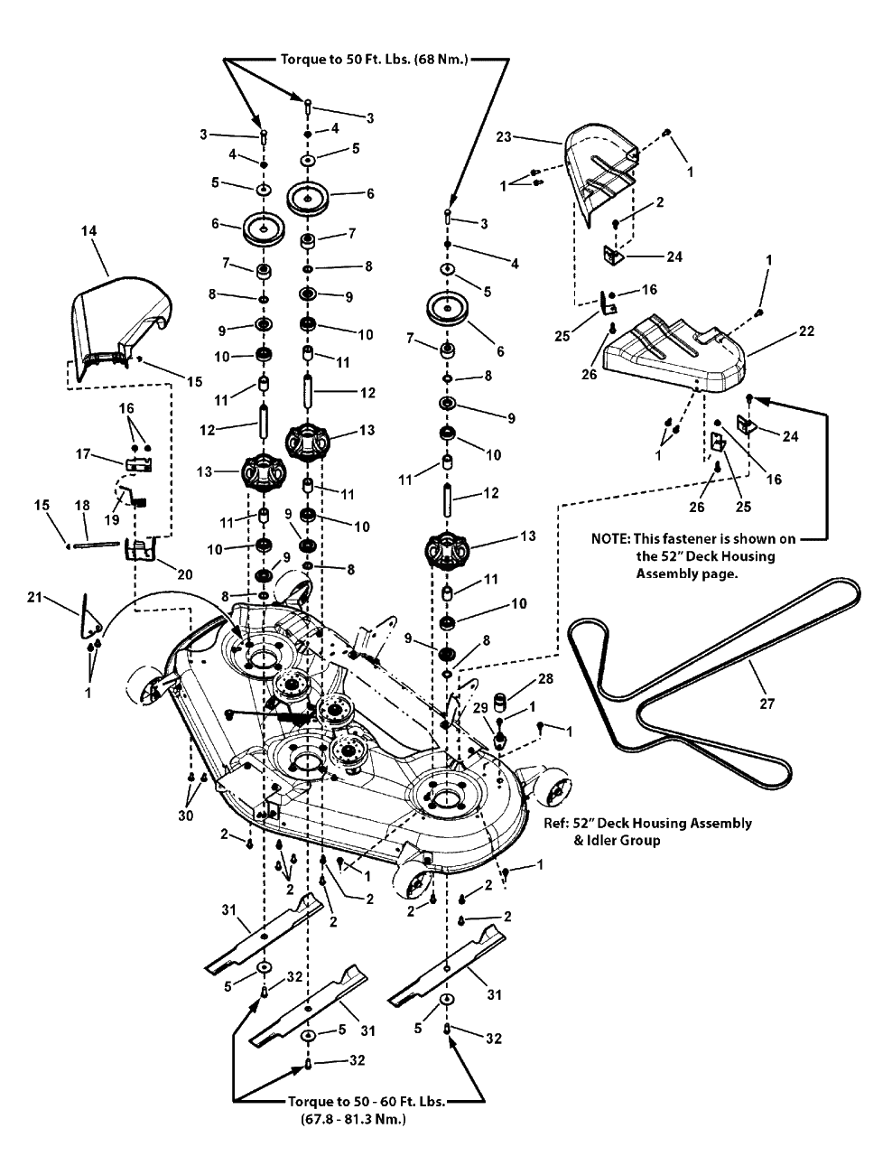 52-Inch Mower Deck - Spindle Group Diagram and Parts List for RZT26520 (2691079-00)(2012) Murray Lawn Tractor