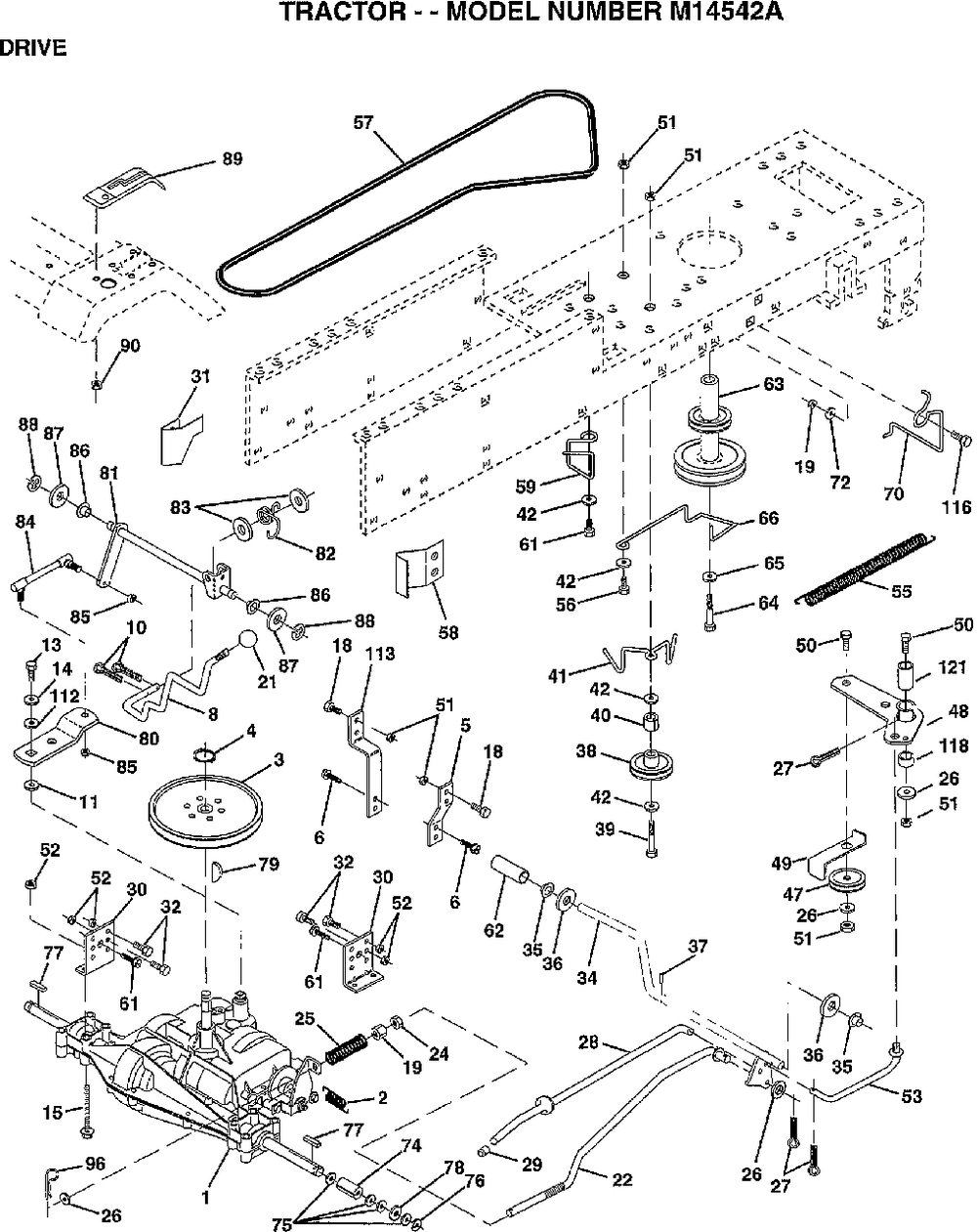Drive Diagram and Parts List for M14542A 1997 Murray Lawn Tractor