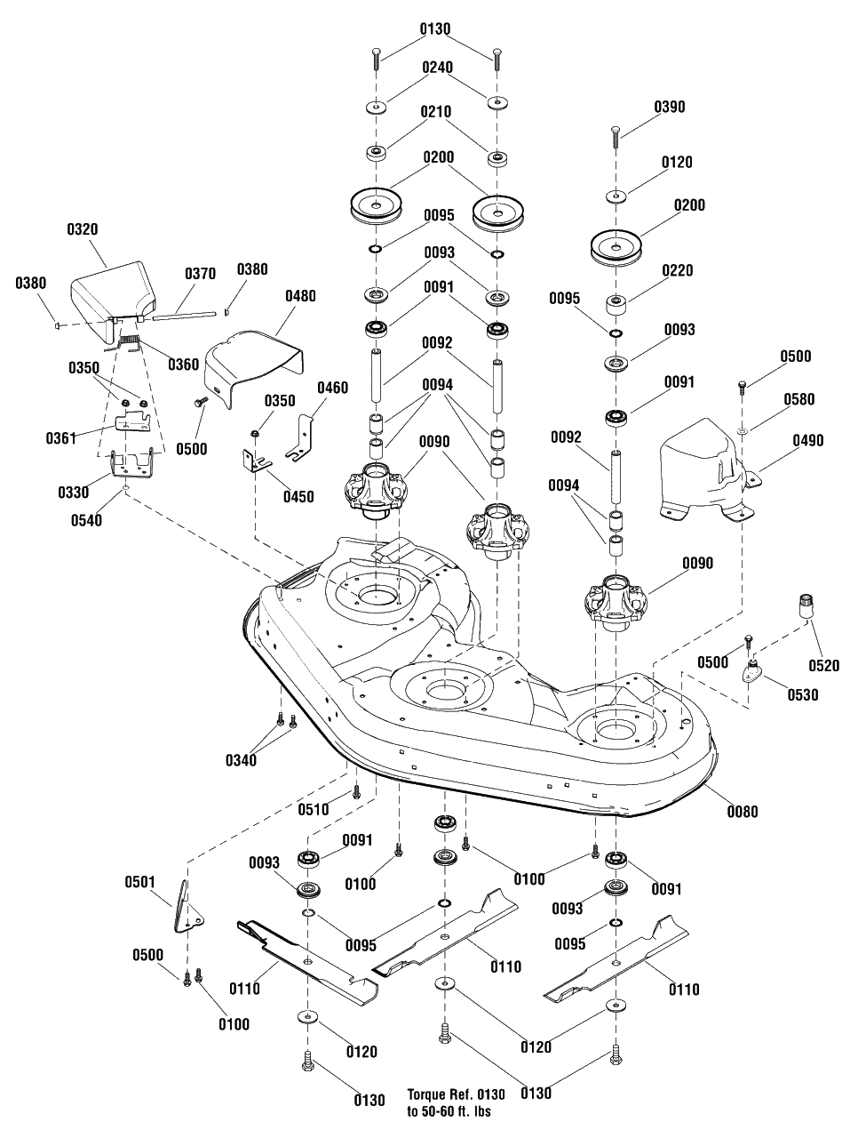 46-Inch Mower Deck - Housing, Arbors And Blade Diagram and Parts List for 1695809 2010 Murray Lawn Tractor Accessories