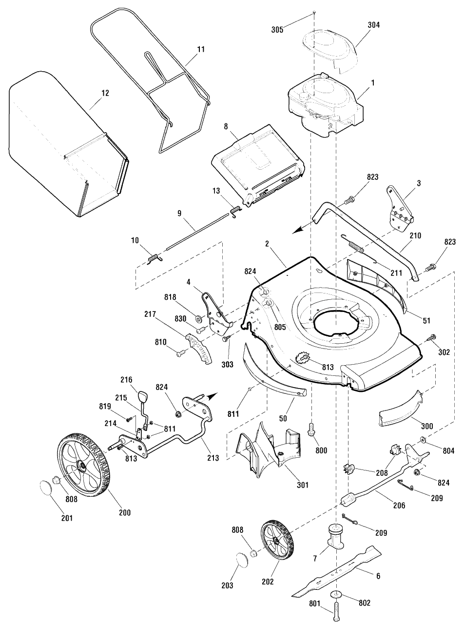 Deck And Engine Group Diagram and Parts List for MXMH625 (881029)(2010) Murray Lawn Mower
