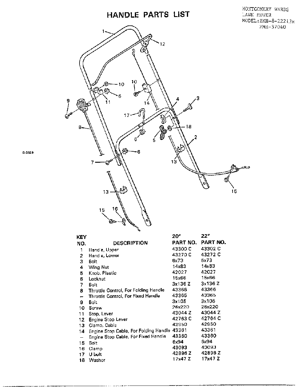 Handle Diagram and Parts List for 8-22213X9  Murray Lawn Mower