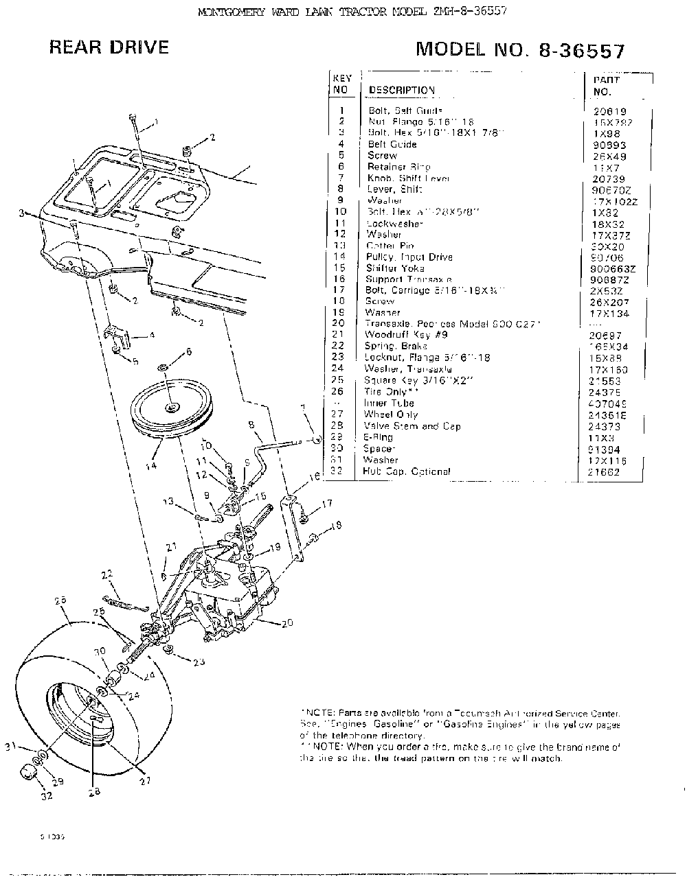 Rear drive Diagram and Parts List for 8-36557  Murray Lawn Tractor