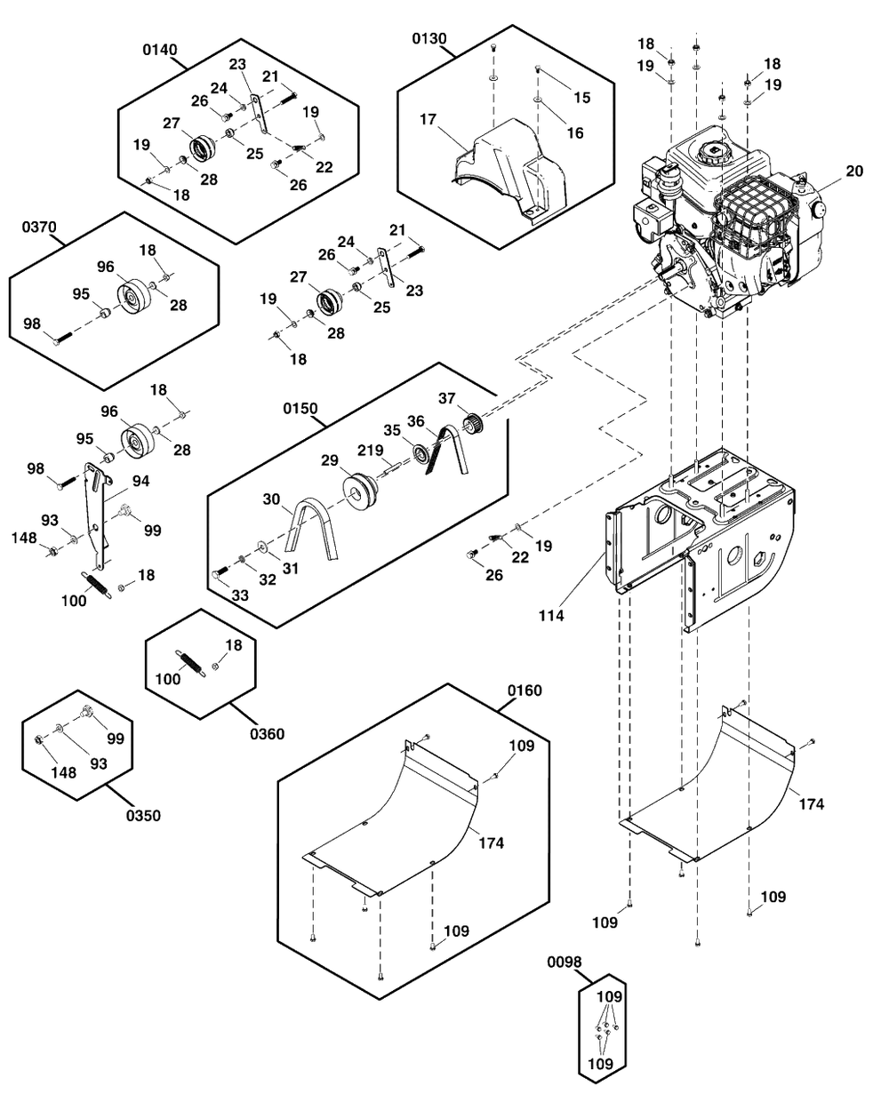 Engine And Frame Group Diagram and Parts List for S1024ES 1696937-02 Murray Snow Blower