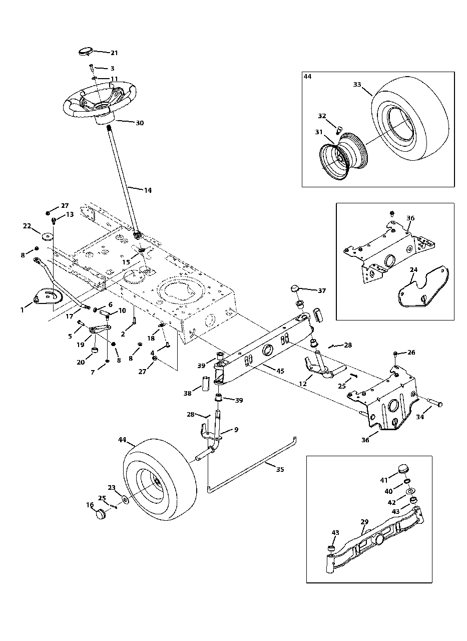 Front End Steering Diagram and Parts List for 13AM772S058 2013 Murray Lawn Tractor