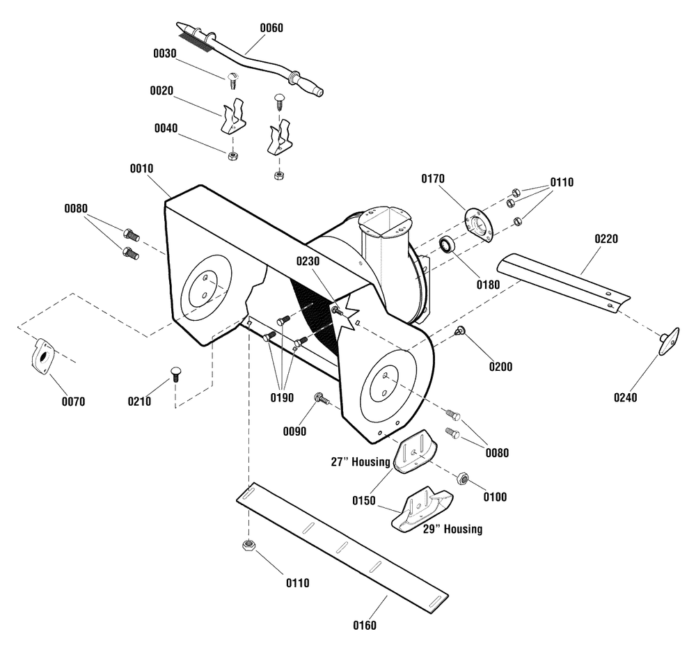 Auger Housing Group Diagram and Parts List for 11527ES (1696029)(2011) Murray Snow Blower